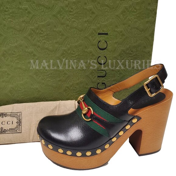 GUCCI SHOES HORSEBIT WEB BLACK LEATHER PLATFORM CLOGS w STUDS sz 39.5 9.5 - Picture 14 of 15